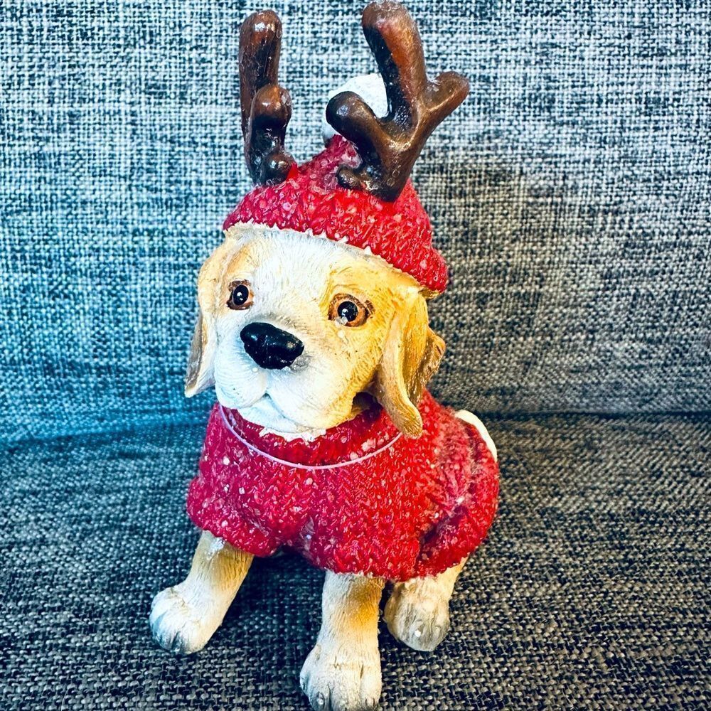 Christmas Sweater Puppy Dog Yellow Lab Reindeer Antlers Figurine